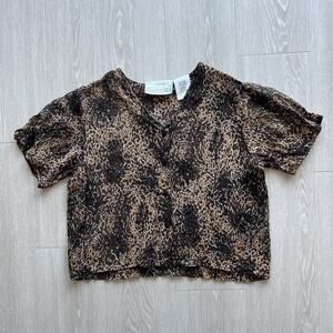 RJ Sweetwater Cropped Blouse Womens Large Animal Print Sheer Button Top Vintage